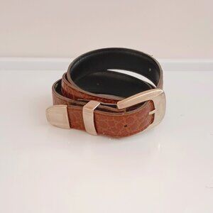 Women's Vintage Faux Leather Belt Brown Embossed Croc Print Silver Etched Buckle